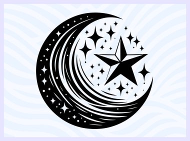 Hilal ay ve yıldızın siyah silueti İslam 'ı ve gece gökyüzünü temsil ediyor ruhani barış için ideal Ramazan ve gök temalı yaratıcı tasarım kavramları