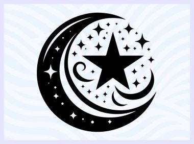 Hilal ay ve yıldızın siyah silueti İslam 'ı ve gece gökyüzünü temsil ediyor ruhani barış için ideal Ramazan ve gök temalı yaratıcı tasarım kavramları