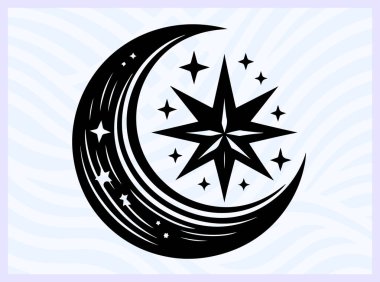 Hilal ay ve yıldızın siyah silueti İslam 'ı ve gece gökyüzünü temsil ediyor ruhani barış için ideal Ramazan ve gök temalı yaratıcı tasarım kavramları