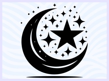Hilal ay ve yıldızın siyah silueti İslam 'ı ve gece gökyüzünü temsil ediyor ruhani barış için ideal Ramazan ve gök temalı yaratıcı tasarım kavramları