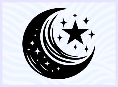 Hilal ay ve yıldızın siyah silueti İslam 'ı ve gece gökyüzünü temsil ediyor ruhani barış için ideal Ramazan ve gök temalı yaratıcı tasarım kavramları