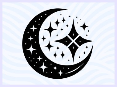 Hilal ay ve yıldızın siyah silueti İslam 'ı ve gece gökyüzünü temsil ediyor ruhani barış için ideal Ramazan ve gök temalı yaratıcı tasarım kavramları