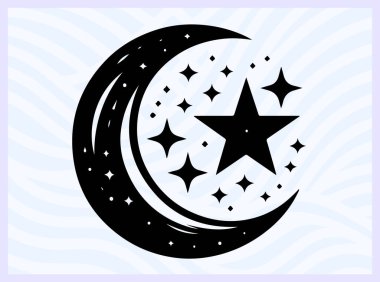 Hilal ay ve yıldızın siyah silueti İslam 'ı ve gece gökyüzünü temsil ediyor ruhani barış için ideal Ramazan ve gök temalı yaratıcı tasarım kavramları