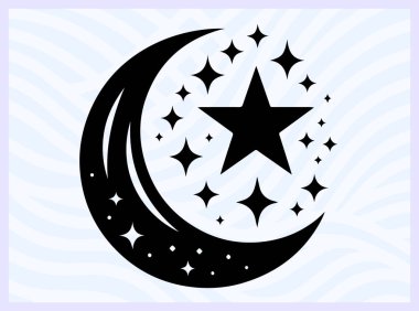 Hilal ay ve yıldızın siyah silueti İslam 'ı ve gece gökyüzünü temsil ediyor ruhani barış için ideal Ramazan ve gök temalı yaratıcı tasarım kavramları