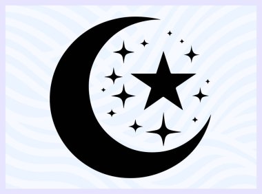 Hilal ay ve yıldızın siyah silueti İslam 'ı ve gece gökyüzünü temsil ediyor ruhani barış için ideal Ramazan ve gök temalı yaratıcı tasarım kavramları