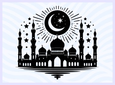 Kubbe ve minareleri olan bir caminin siyah silueti İslami inanç tapınma ve mimari sembolü Ramazan namazı maneviyatı ve din temalı yaratıcı tasarım projeleri için ideal