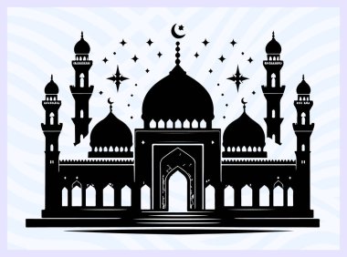 Kubbe ve minareleri olan bir caminin siyah silueti İslami inanç tapınma ve mimari sembolü Ramazan namazı maneviyatı ve din temalı yaratıcı tasarım projeleri için ideal