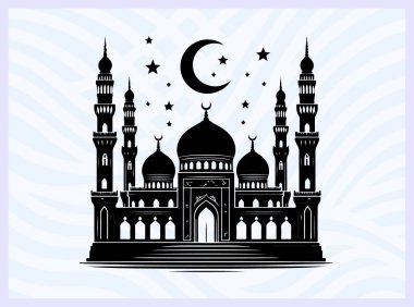 Kubbe ve minareleri olan bir caminin siyah silueti İslami inanç tapınma ve mimari sembolü Ramazan namazı maneviyatı ve din temalı yaratıcı tasarım projeleri için ideal