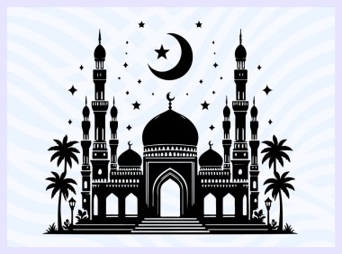 Kubbe ve minareleri olan bir caminin siyah silueti İslami inanç tapınma ve mimari sembolü Ramazan namazı maneviyatı ve din temalı yaratıcı tasarım projeleri için ideal