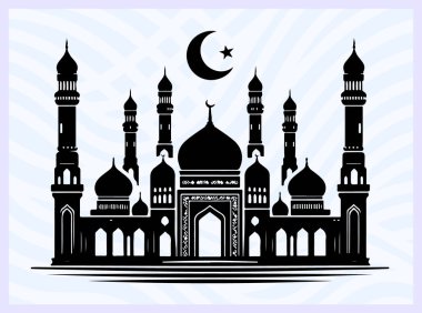 Kubbe ve minareleri olan bir caminin siyah silueti İslami inanç tapınma ve mimari sembolü Ramazan namazı maneviyatı ve din temalı yaratıcı tasarım projeleri için ideal