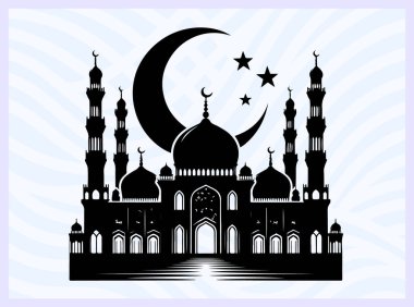 Kubbe ve minareleri olan bir caminin siyah silueti İslami inanç tapınma ve mimari sembolü Ramazan namazı maneviyatı ve din temalı yaratıcı tasarım projeleri için ideal