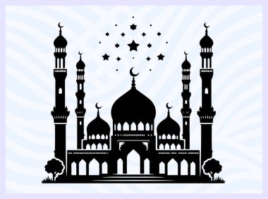 Kubbe ve minareleri olan bir caminin siyah silueti İslami inanç tapınma ve mimari sembolü Ramazan namazı maneviyatı ve din temalı yaratıcı tasarım projeleri için ideal