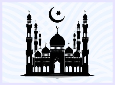 Kubbe ve minareleri olan bir caminin siyah silueti İslami inanç tapınma ve mimari sembolü Ramazan namazı maneviyatı ve din temalı yaratıcı tasarım projeleri için ideal
