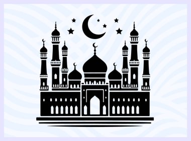 Kubbe ve minareleri olan bir caminin siyah silueti İslami inanç tapınma ve mimari sembolü Ramazan namazı maneviyatı ve din temalı yaratıcı tasarım projeleri için ideal