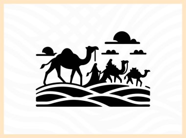 Bir deve kervanının çarpıcı silueti engin çöl kumullarını geçiyor göçebe yaşamın özünü yakalıyor ve zamansız seyahat manzaralı sanat eserleri macera temaları ve kültürel manzara tasarımı kavramları için ideal.
