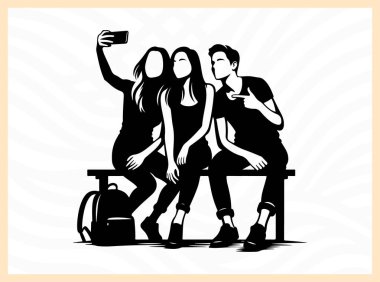 Gençlik temalı sanat eserleri sosyal medya görselleri ve arkadaşlık yaratıcı projeler için ideal paylaşımlı anılar ve birlikte mutluluğu simgeleyen selfie çeken bir grup arkadaşın canlı silueti.