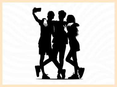 Gençlik temalı sanat eserleri sosyal medya görselleri ve arkadaşlık yaratıcı projeler için ideal paylaşımlı anılar ve birlikte mutluluğu simgeleyen selfie çeken bir grup arkadaşın canlı silueti.