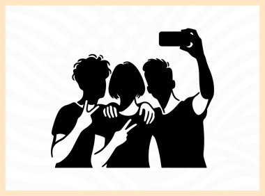 Gençlik temalı sanat eserleri sosyal medya görselleri ve arkadaşlık yaratıcı projeler için ideal paylaşımlı anılar ve birlikte mutluluğu simgeleyen selfie çeken bir grup arkadaşın canlı silueti.