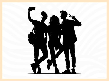 Gençlik temalı sanat eserleri sosyal medya görselleri ve arkadaşlık yaratıcı projeler için ideal paylaşımlı anılar ve birlikte mutluluğu simgeleyen selfie çeken bir grup arkadaşın canlı silueti.
