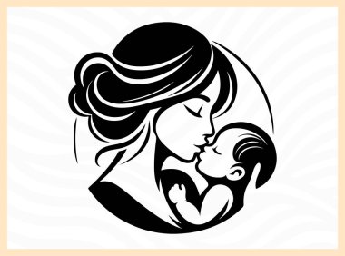 Bir annenin bebeğini öpmesi, sevgiyi, ilgiyi ve aile temalı sanat eserleri, ebeveynlik görselleri ve sevgiyi besleyen duygusal tasarım kavramlarını simgeleyen iç açıcı bir siluet.