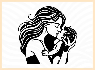 Bir annenin bebeğini öpmesi, sevgiyi, ilgiyi ve aile temalı sanat eserleri, ebeveynlik görselleri ve sevgiyi besleyen duygusal tasarım kavramlarını simgeleyen iç açıcı bir siluet.