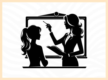 Tahtaya yazı yazan bir öğretmenin ilham verici silueti, bilgi paylaşımını, eğitimi ve liderliği sembolize ediyor okul, eğitim sanatı, öğretim temaları ve öğrenme odaklı tasarım kavramlarını simgeliyor.