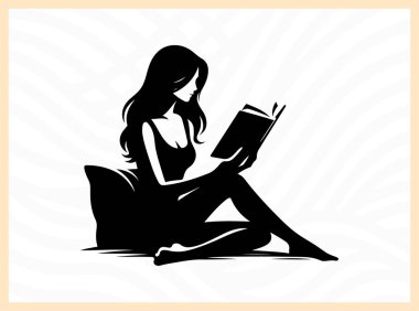 Oturup kitap okuyan, edebiyat temalı sanat eserleri, rahatlama görselleri ve eğitim, farkındalık ve kişisel gelişime odaklı tasarım projeleri için barış, bilgi ve öz yansıma idealini sembolize eden huzurlu bir kadının silüeti.