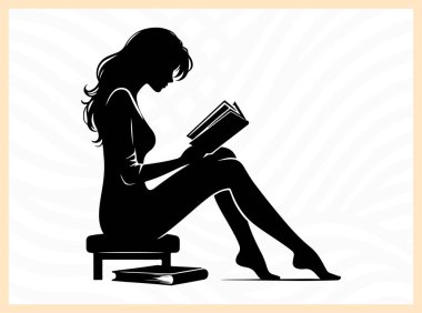 Oturup kitap okuyan, edebiyat temalı sanat eserleri, rahatlama görselleri ve eğitim, farkındalık ve kişisel gelişime odaklı tasarım projeleri için barış, bilgi ve öz yansıma idealini sembolize eden huzurlu bir kadının silüeti.