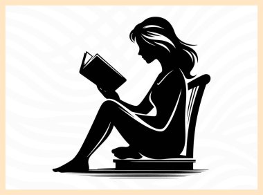 Oturup kitap okuyan, edebiyat temalı sanat eserleri, rahatlama görselleri ve eğitim, farkındalık ve kişisel gelişime odaklı tasarım projeleri için barış, bilgi ve öz yansıma idealini sembolize eden huzurlu bir kadının silüeti.