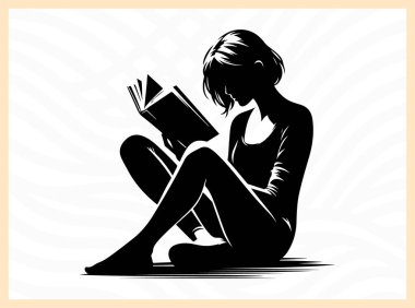 Oturup kitap okuyan, edebiyat temalı sanat eserleri, rahatlama görselleri ve eğitim, farkındalık ve kişisel gelişime odaklı tasarım projeleri için barış, bilgi ve öz yansıma idealini sembolize eden huzurlu bir kadının silüeti.