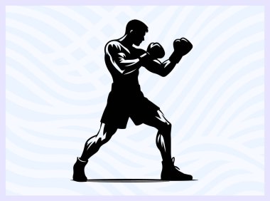 Dövüş pozisyonundaki bir boksörün siyah silueti, dövüş sporları dövüş sanatları ve dövüş temalı tasarım projeleri için güç savunması ve eylem ideali sunar.