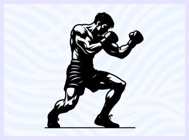 Dövüş pozisyonundaki bir boksörün siyah silueti, dövüş sporları dövüş sanatları ve dövüş temalı tasarım projeleri için güç savunması ve eylem ideali sunar.