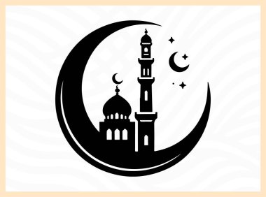 İslami inanç, barış ve geleneği temsil eden bir minarenin tepesindeki hilal şeklindeki güzel siluet, dini sanat eserleri, kültürel temalar, ruhani görseller ve mimari odaklı tasarım kavramları için idealdir.