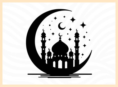 İslami inanç, barış ve geleneği temsil eden bir minarenin tepesindeki hilal şeklindeki güzel siluet, dini sanat eserleri, kültürel temalar, ruhani görseller ve mimari odaklı tasarım kavramları için idealdir.
