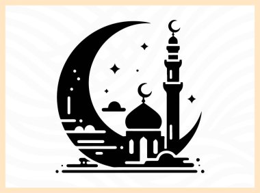 İslami inanç, barış ve geleneği temsil eden bir minarenin tepesindeki hilal şeklindeki güzel siluet, dini sanat eserleri, kültürel temalar, ruhani görseller ve mimari odaklı tasarım kavramları için idealdir.