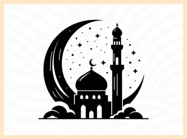 İslami inanç, barış ve geleneği temsil eden bir minarenin tepesindeki hilal şeklindeki güzel siluet, dini sanat eserleri, kültürel temalar, ruhani görseller ve mimari odaklı tasarım kavramları için idealdir.