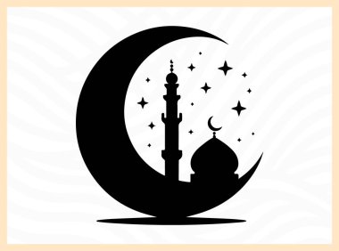 İslami inanç, barış ve geleneği temsil eden bir minarenin tepesindeki hilal şeklindeki güzel siluet, dini sanat eserleri, kültürel temalar, ruhani görseller ve mimari odaklı tasarım kavramları için idealdir.
