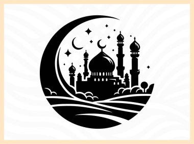 Hilal ayın güzel silueti camii ile birlikte, İslami inanç, kutlama ve barışı simgeliyor Kurban temalı tasarımlar, ruhani sanat eserleri, şenlikli selamlar ve kültürel yaratıcı projeler için ideal.