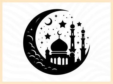 Hilal ayın güzel silueti camii ile birlikte, İslami inanç, kutlama ve barışı simgeliyor Kurban temalı tasarımlar, ruhani sanat eserleri, şenlikli selamlar ve kültürel yaratıcı projeler için ideal.