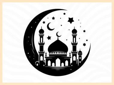 Hilal ayın güzel silueti camii ile birlikte, İslami inanç, kutlama ve barışı simgeliyor Kurban temalı tasarımlar, ruhani sanat eserleri, şenlikli selamlar ve kültürel yaratıcı projeler için ideal.