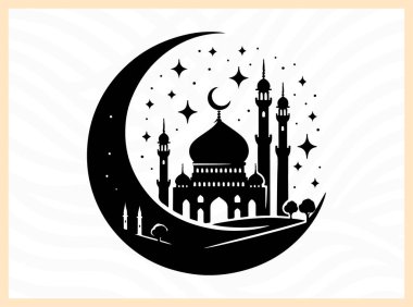 Hilal ayın güzel silueti camii ile birlikte, İslami inanç, kutlama ve barışı simgeliyor Kurban temalı tasarımlar, ruhani sanat eserleri, şenlikli selamlar ve kültürel yaratıcı projeler için ideal.