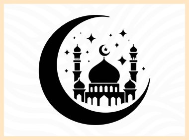 Hilal ayın güzel silueti camii ile birlikte, İslami inanç, kutlama ve barışı simgeliyor Kurban temalı tasarımlar, ruhani sanat eserleri, şenlikli selamlar ve kültürel yaratıcı projeler için ideal.
