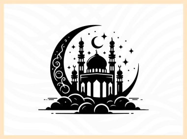 Hilal ayın güzel silueti camii ile birlikte, İslami inanç, kutlama ve barışı simgeliyor Kurban temalı tasarımlar, ruhani sanat eserleri, şenlikli selamlar ve kültürel yaratıcı projeler için ideal.