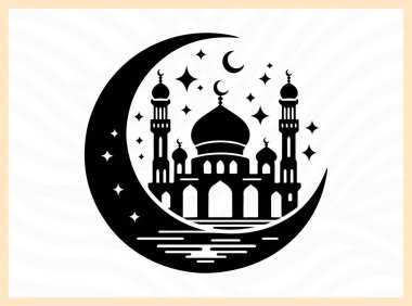 Hilal ayın güzel silueti camii ile birlikte, İslami inanç, kutlama ve barışı simgeliyor Kurban temalı tasarımlar, ruhani sanat eserleri, şenlikli selamlar ve kültürel yaratıcı projeler için ideal.