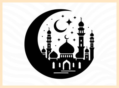 Hilal ayın güzel silueti camii ile birlikte, İslami inanç, kutlama ve barışı simgeliyor Kurban temalı tasarımlar, ruhani sanat eserleri, şenlikli selamlar ve kültürel yaratıcı projeler için ideal.