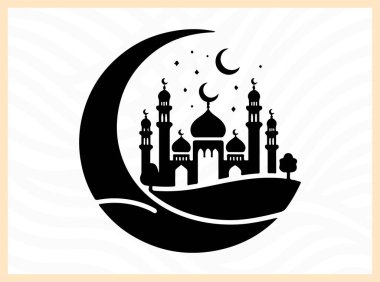 Hilal ayın güzel silueti camii ile birlikte, İslami inanç, kutlama ve barışı simgeliyor Kurban temalı tasarımlar, ruhani sanat eserleri, şenlikli selamlar ve kültürel yaratıcı projeler için ideal.