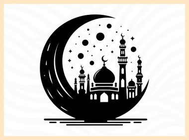 Hilal ayın güzel silueti camii ile birlikte, İslami inanç, kutlama ve barışı simgeliyor Kurban temalı tasarımlar, ruhani sanat eserleri, şenlikli selamlar ve kültürel yaratıcı projeler için ideal.
