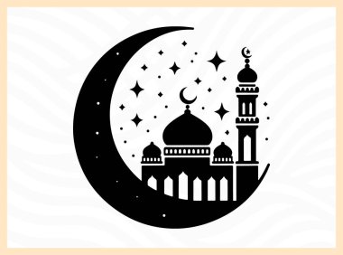 Hilal ayın güzel silueti camii ile birlikte, İslami inanç, kutlama ve barışı simgeliyor Kurban temalı tasarımlar, ruhani sanat eserleri, şenlikli selamlar ve kültürel yaratıcı projeler için ideal.