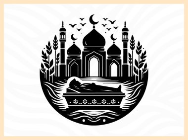 Janazah cenaze sahnesinin resmi silueti İslami gömme geleneklerini, topluluk birliğini ve dini sanat eserleri, kültürel temalar ve saygıdeğer anıt tasarım projeleri için ruhani veda ideallerini sembolize ediyor.