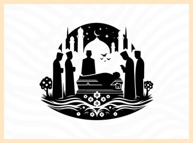 Janazah cenaze sahnesinin resmi silueti İslami gömme geleneklerini, topluluk birliğini ve dini sanat eserleri, kültürel temalar ve saygıdeğer anıt tasarım projeleri için ruhani veda ideallerini sembolize ediyor.